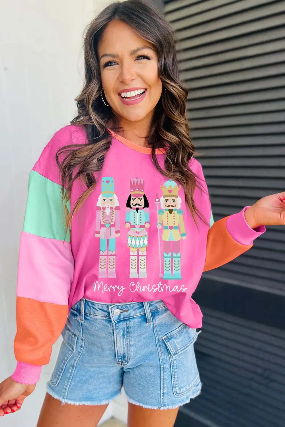 Rose Red Nutcracker Merry Christmas Graphic Colorblock Long Sleeve Tee Dear-Lover Dropshipping