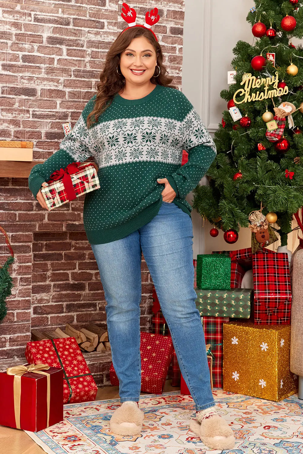 Green Christmas Snowflake Pattern Drop Shoulder Plus Size Sweater Dear-Lover Dropshipping