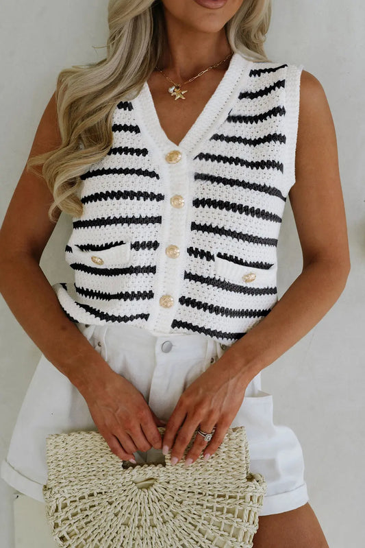 Black Stripe V Neck Gold Buttons Elegant Sweater Vest Dear-Lover Dropshipping