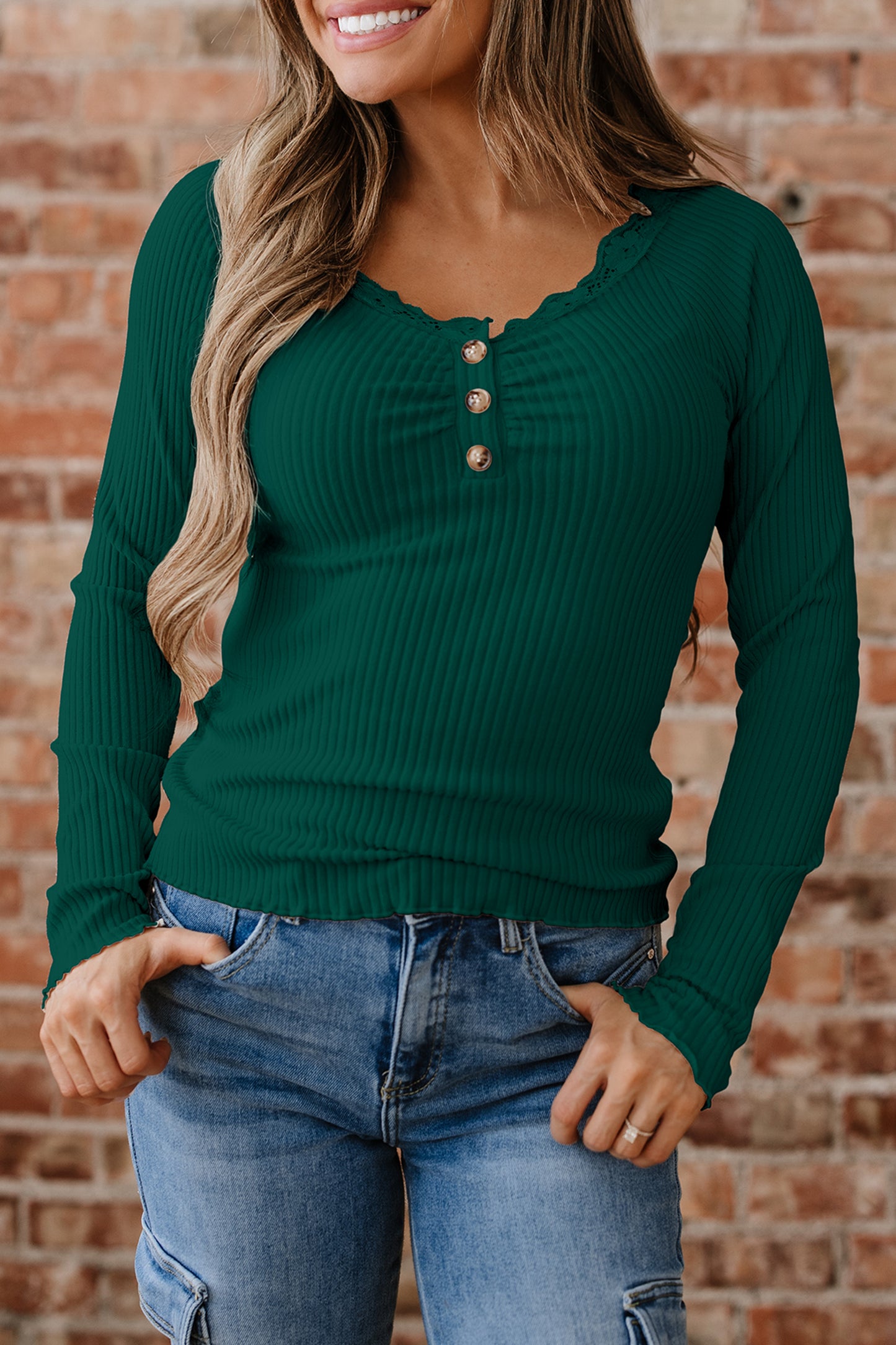 Skobeloff Lace Neckline Button Decor Lettuce Edge Long Sleeve Ribbed Top