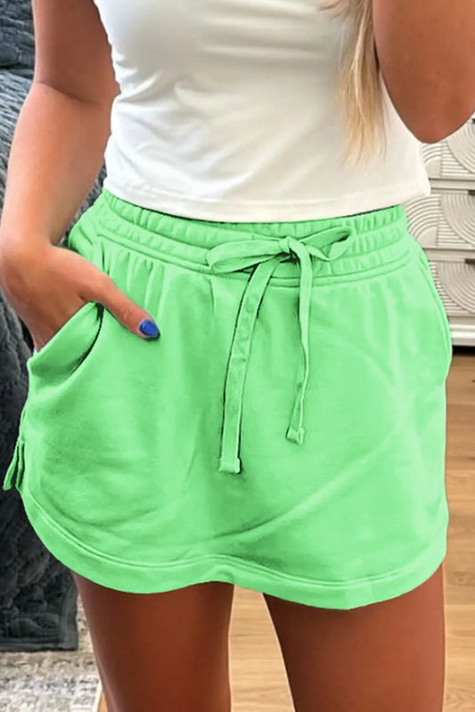 Light Green French Terry Drawstring Elastic Waistband Mini Skort with Pockets Dear-Lover Dropshipping