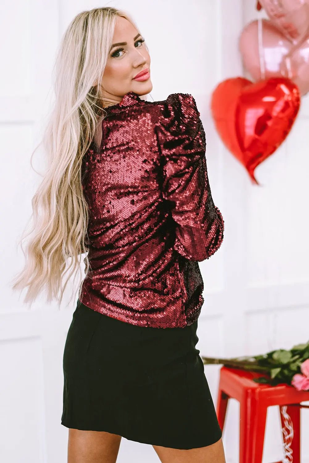Burgundy Sequin Mock Neck Bubble Sleeve Top Dear-Lover Dropshipping
