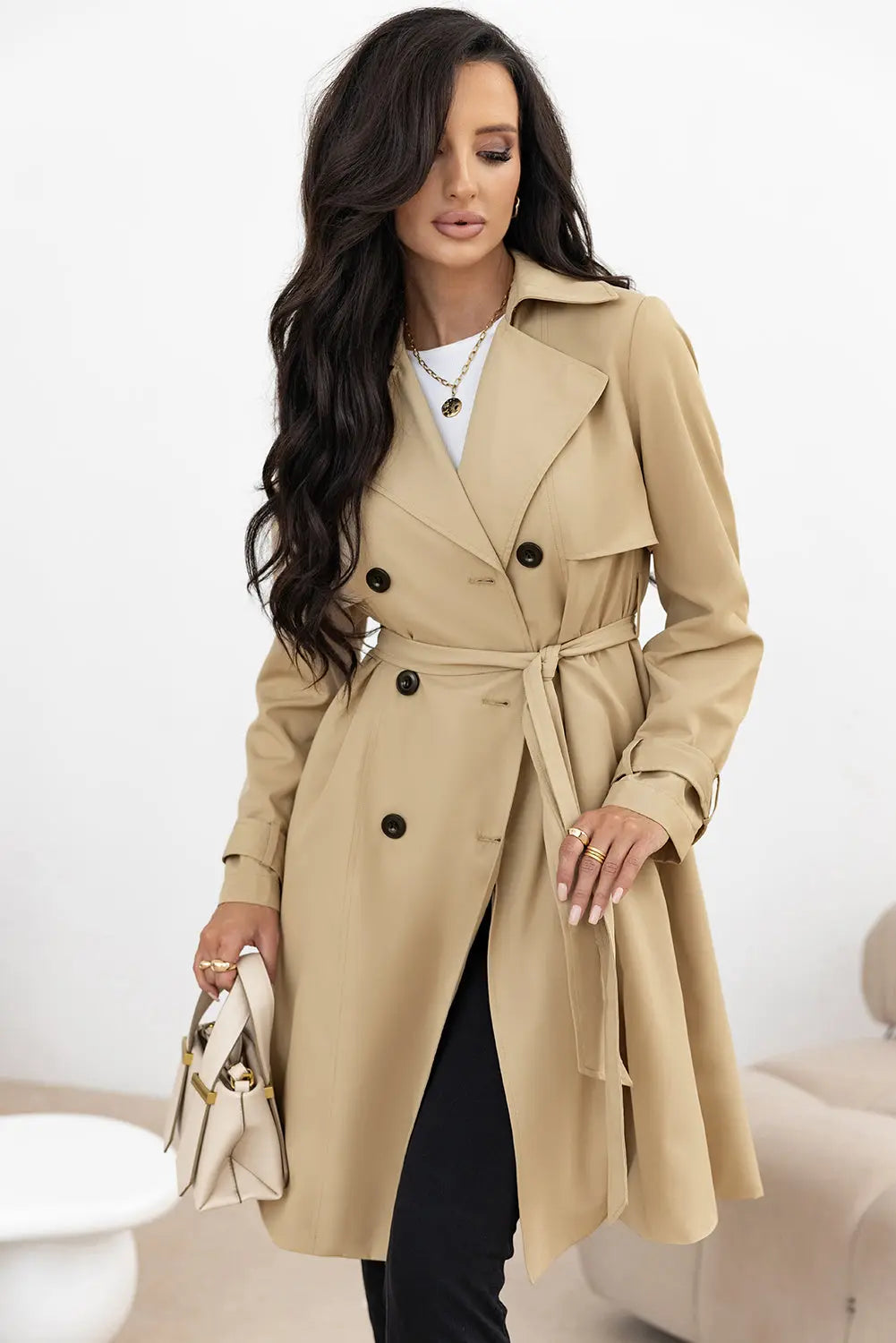Pale Khaki Solid Color Lapel Collar Waist Tie Wind Coat Dear-Lover Dropshipping