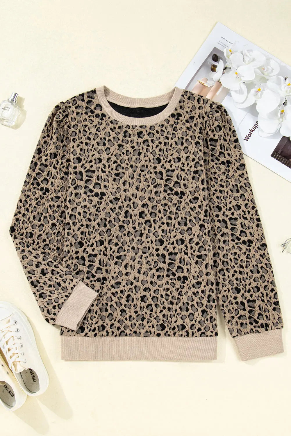 Khaki Leopard Textured Ribbed Trim Plus Size Long Sleeve Top Dear-Lover Dropshipping