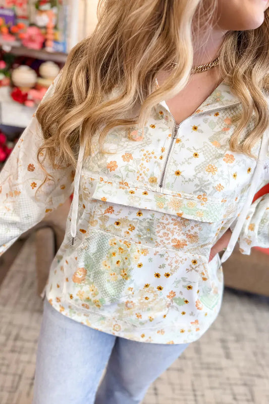 Yellow Floral Print Half Zip Hooded Long Sleeve Top Dear-Lover Dropshipping
