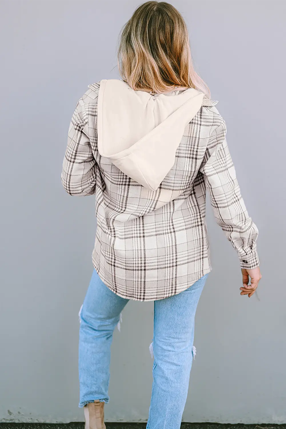 Khaki Plaid Removable Hood Buttoned Shacket Dear-Lover Dropshipping