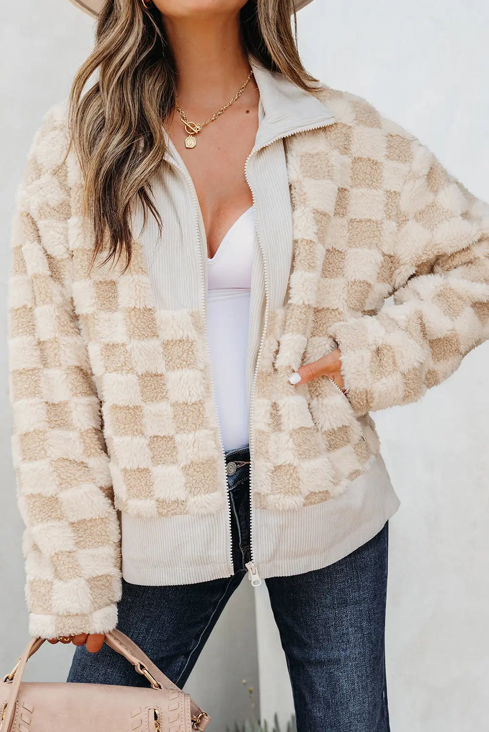Khaki Checker Sherpa Corduroy Patchwork Zip up Collared Jacket Dear-Lover Dropshipping
