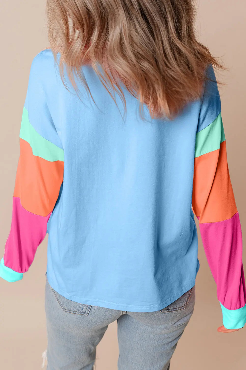 Dark Blue Colorblock Patchwork Long Sleeve Loose Top Dear-Lover Dropshipping
