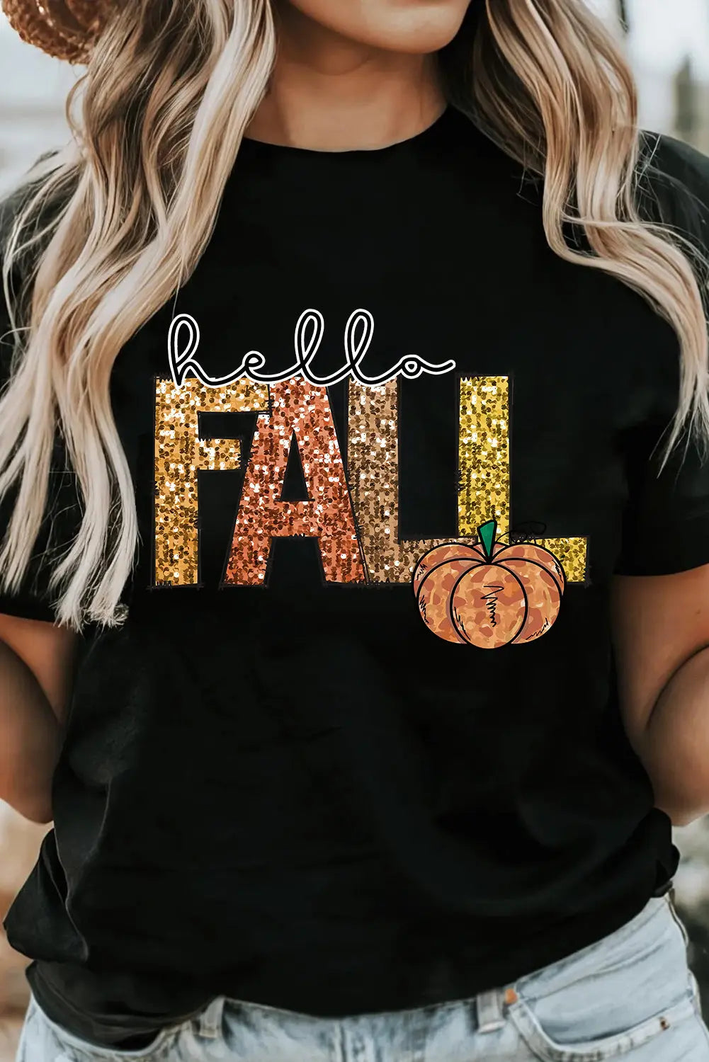 Black Hello Fall Letter Pumpkin Printed Thanksgiving T Shirt Dear-Lover Dropshipping