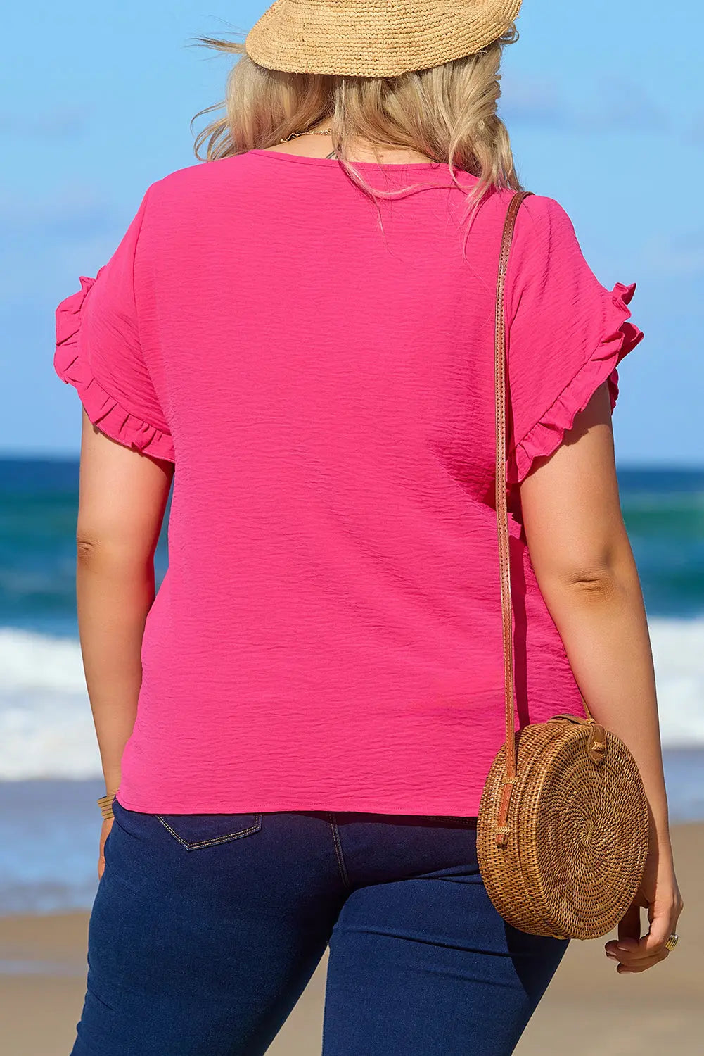Bright Pink Ruffled Short Sleeve Plus Size Top Dear-Lover Dropshipping