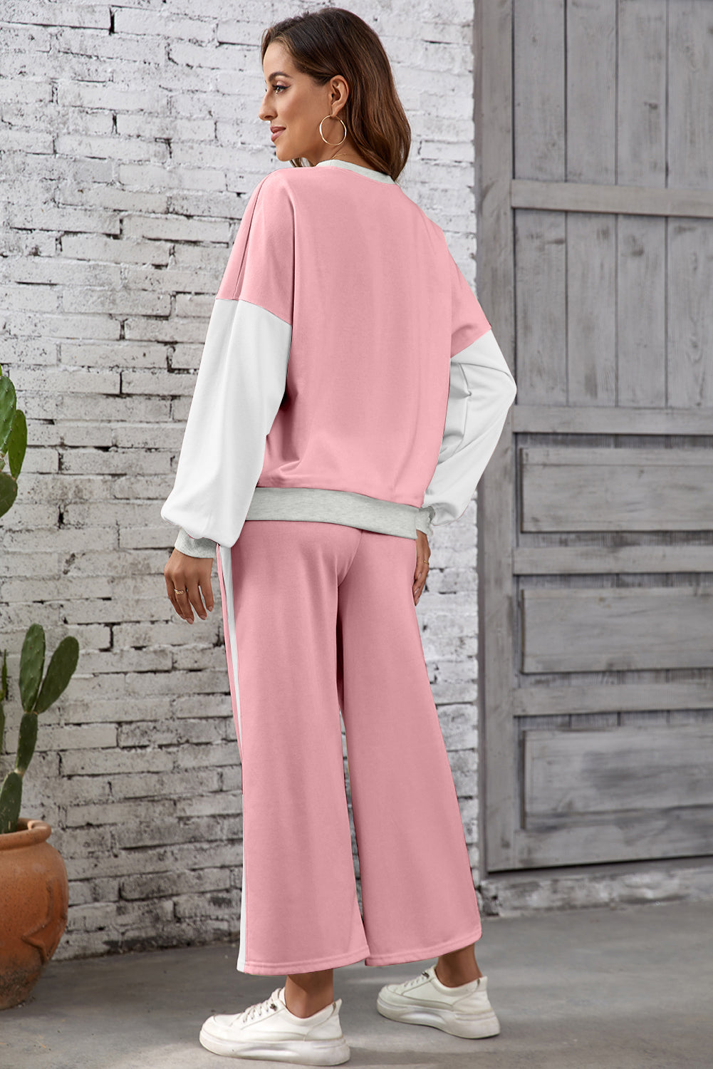 Light Pink 2pcs Color Block Pullover Loose Pant Set