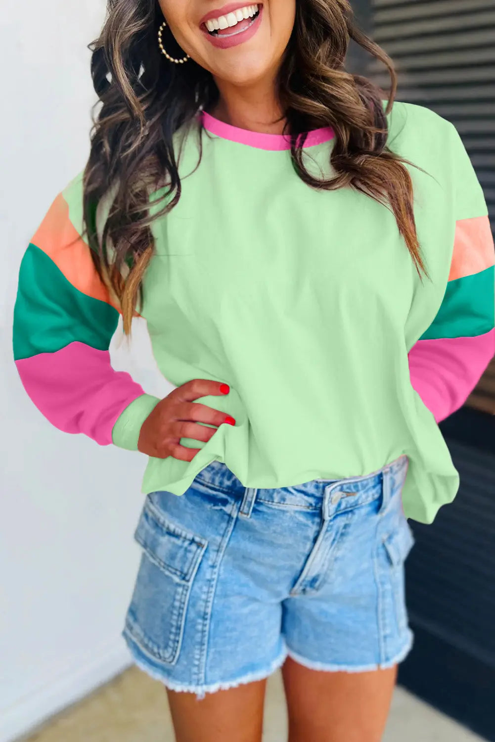 Green Colorblock Patchwork Long Sleeve Loose Top Dear-Lover Dropshipping
