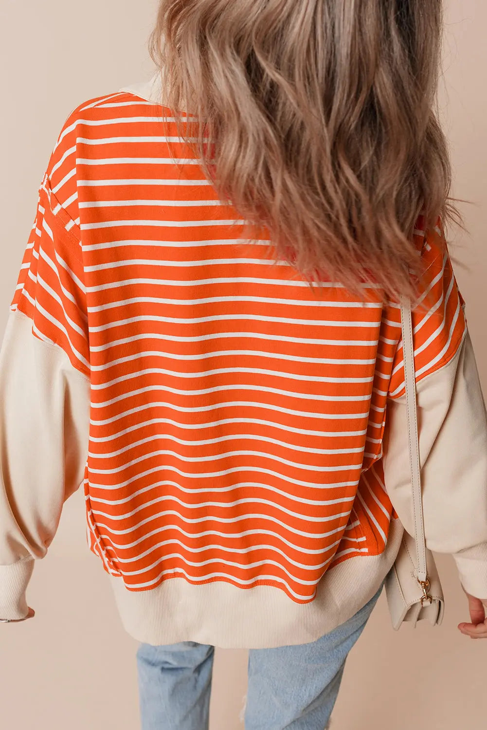 Orange Stripe Color Block Loose Fit Collared Drop Shoulder Sweatshirt Dear-Lover Dropshipping