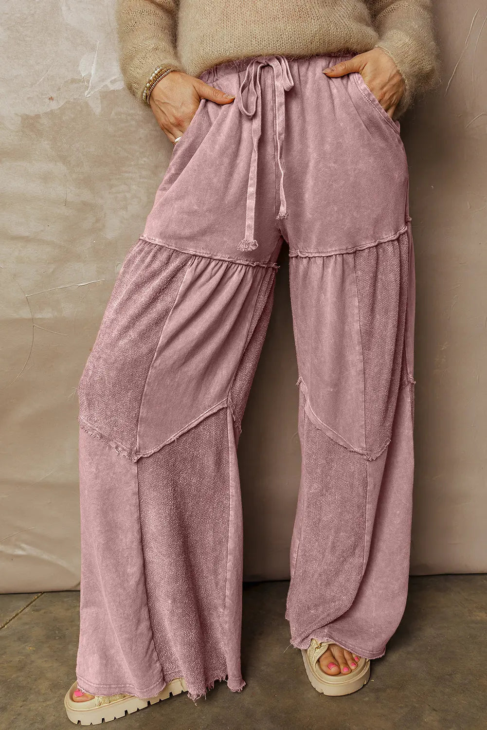 Careys Mineral Wash Tiered Wide Leg Patchwork Drawstring Pants Dear-Lover Dropshipping