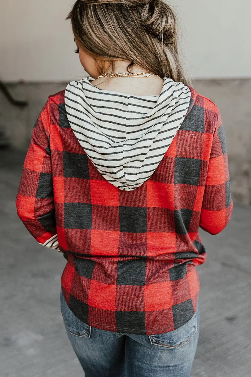 Fiery Red Christmas Plaid Striped Patchwork Drawstring Hoodie Dear-Lover Dropshipping