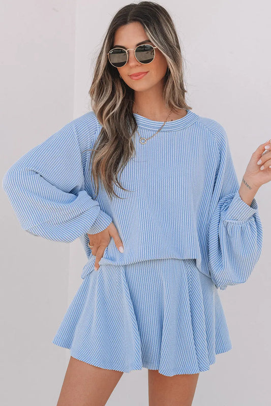 Sky Blue Corded Lantern Sleeve Top High Waist Ruffled Mini Skirt Set Dear-Lover Dropshipping
