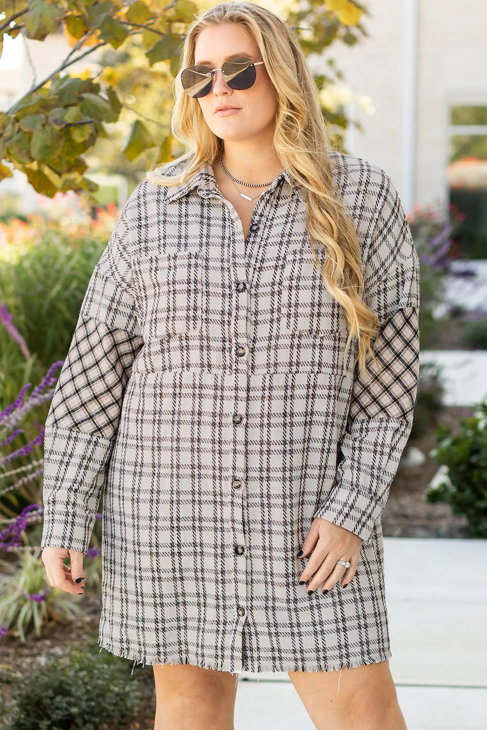 White Stripe Plus Size Plaid Buttoned Raw Hem Tunic Shirt Dress Dear-Lover Dropshipping