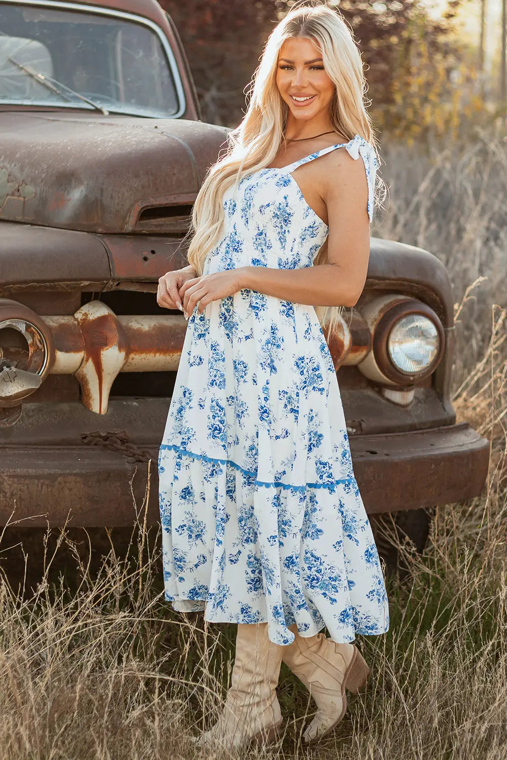 Sky Blue Floral Print Shirred Knot Shoulder Sleeveless Long Dress Dear-Lover Dropshipping