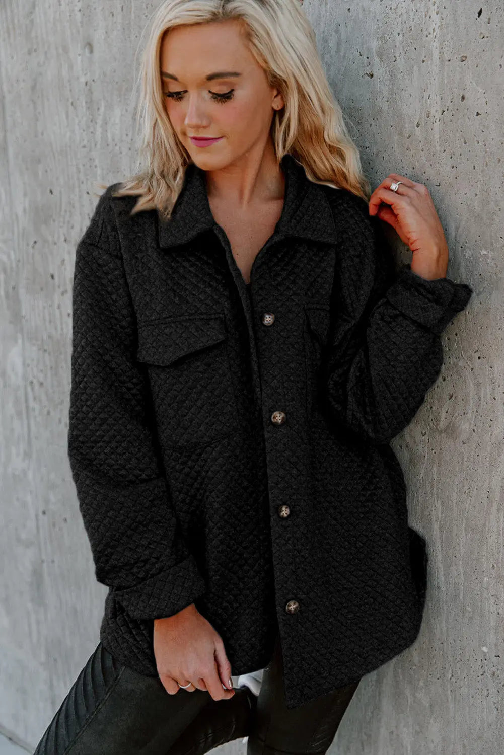 Black Retro Quilted Flap Pocket Button Shacket Dear-Lover Dropshipping