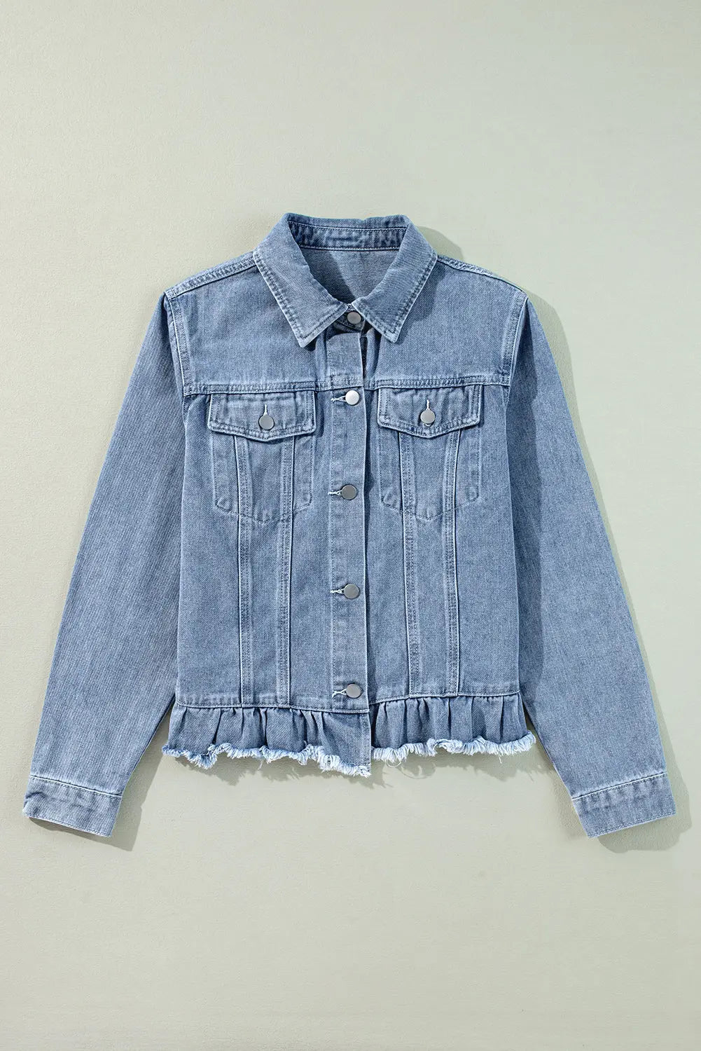 Beau Blue Ruffle Raw Hem Flap Pockets Denim Jacket Dear-Lover Dropshipping