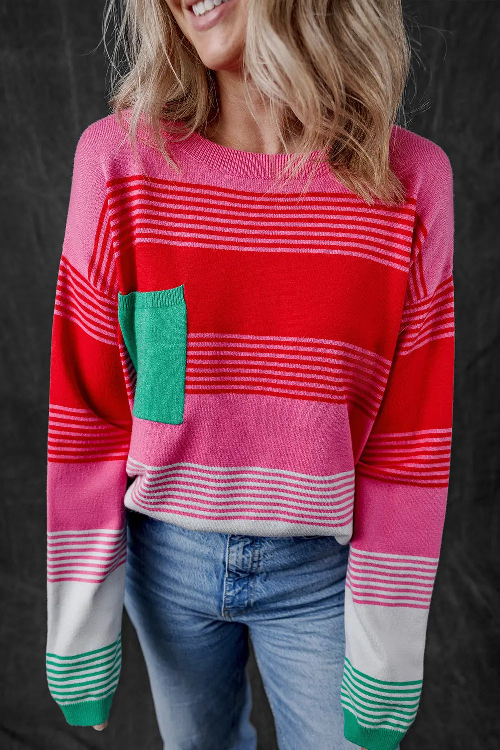 Rose Striped Knit Patch Pocket Drop Shoulder Sweater Dear-Lover Dropshipping