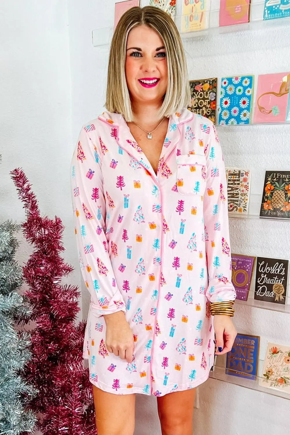 Pink Christmas Twinkle Tree Print Shirt Sleep Dress Dear-Lover Dropshipping