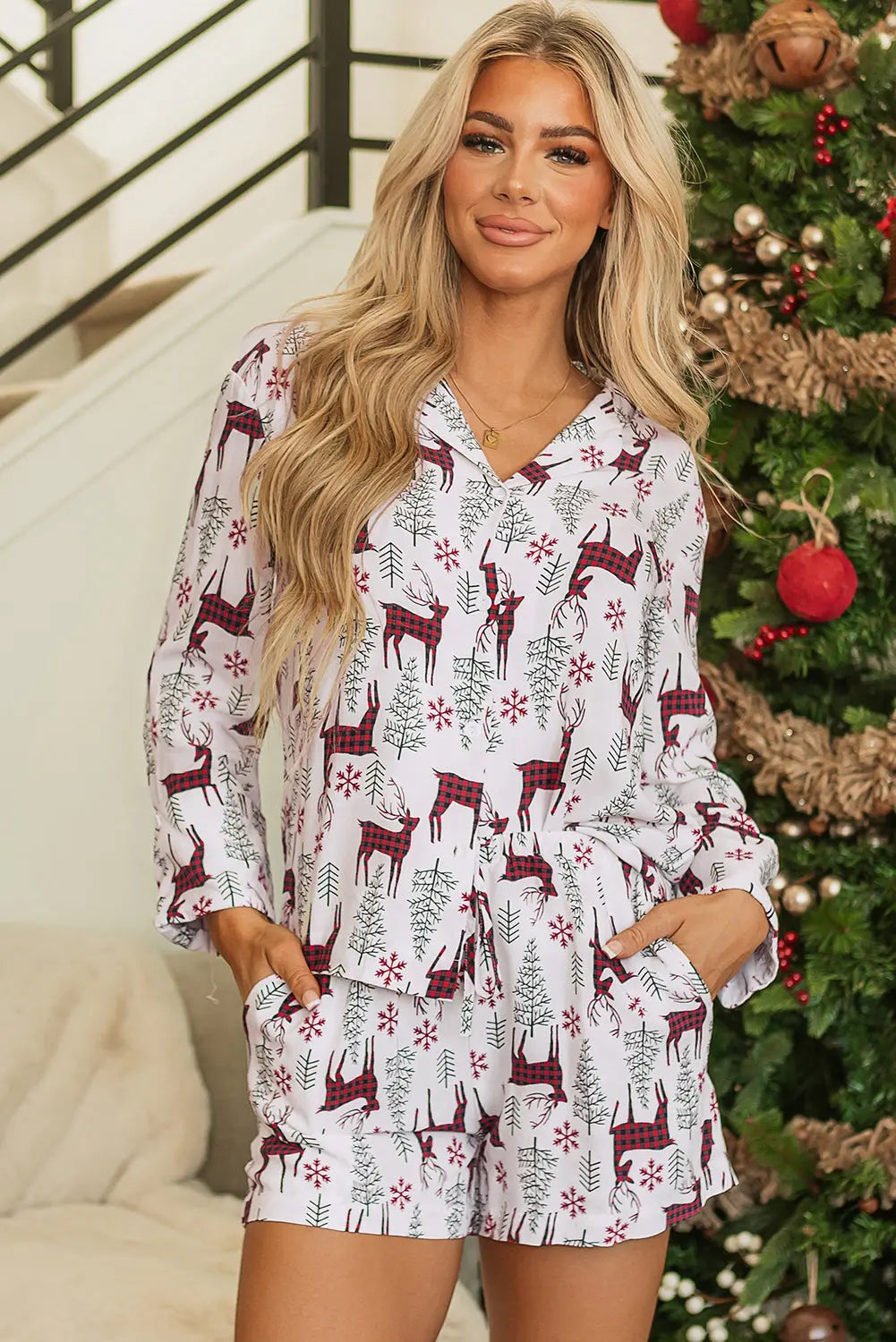 White Christmas Deer Printed Shirt and Shorts Lounge Set Dear-Lover Dropshipping