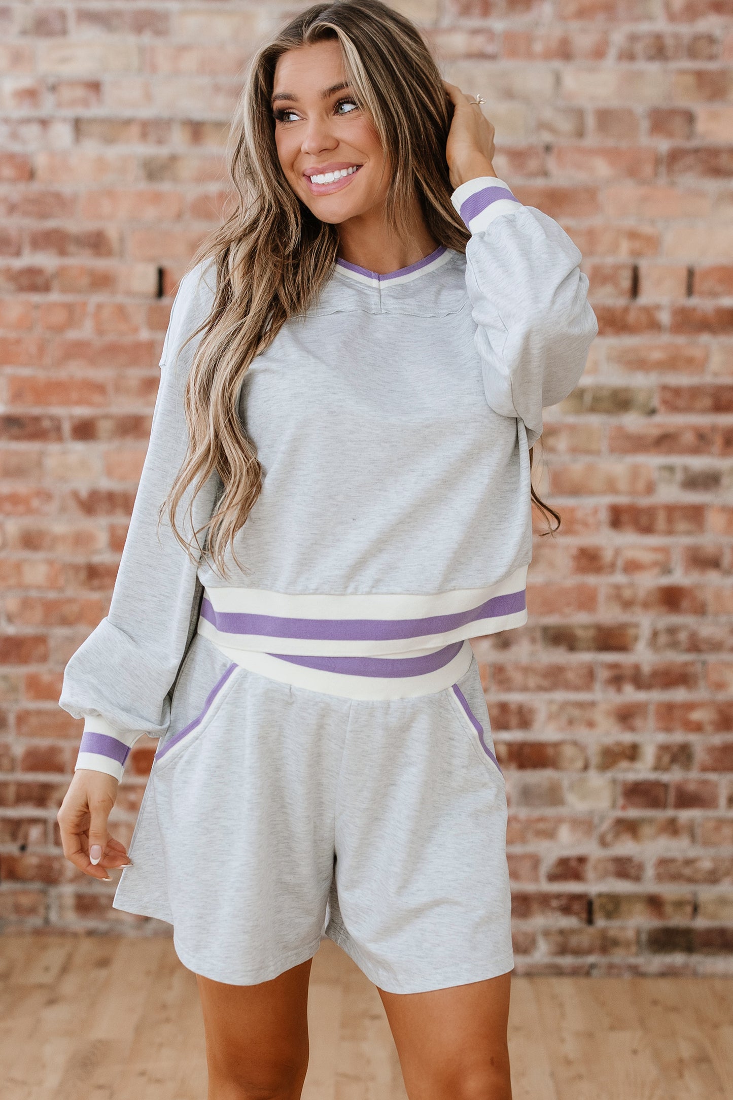 Light Grey Contrast Striped Bands Cropped Pullover and Athletic Short Set