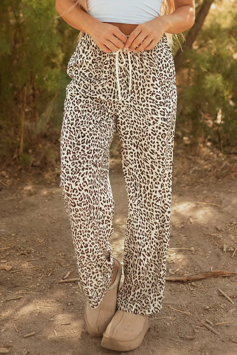 Brown Leopard Drawstring Elastic Waistband Loose Pants Dear-Lover Dropshipping