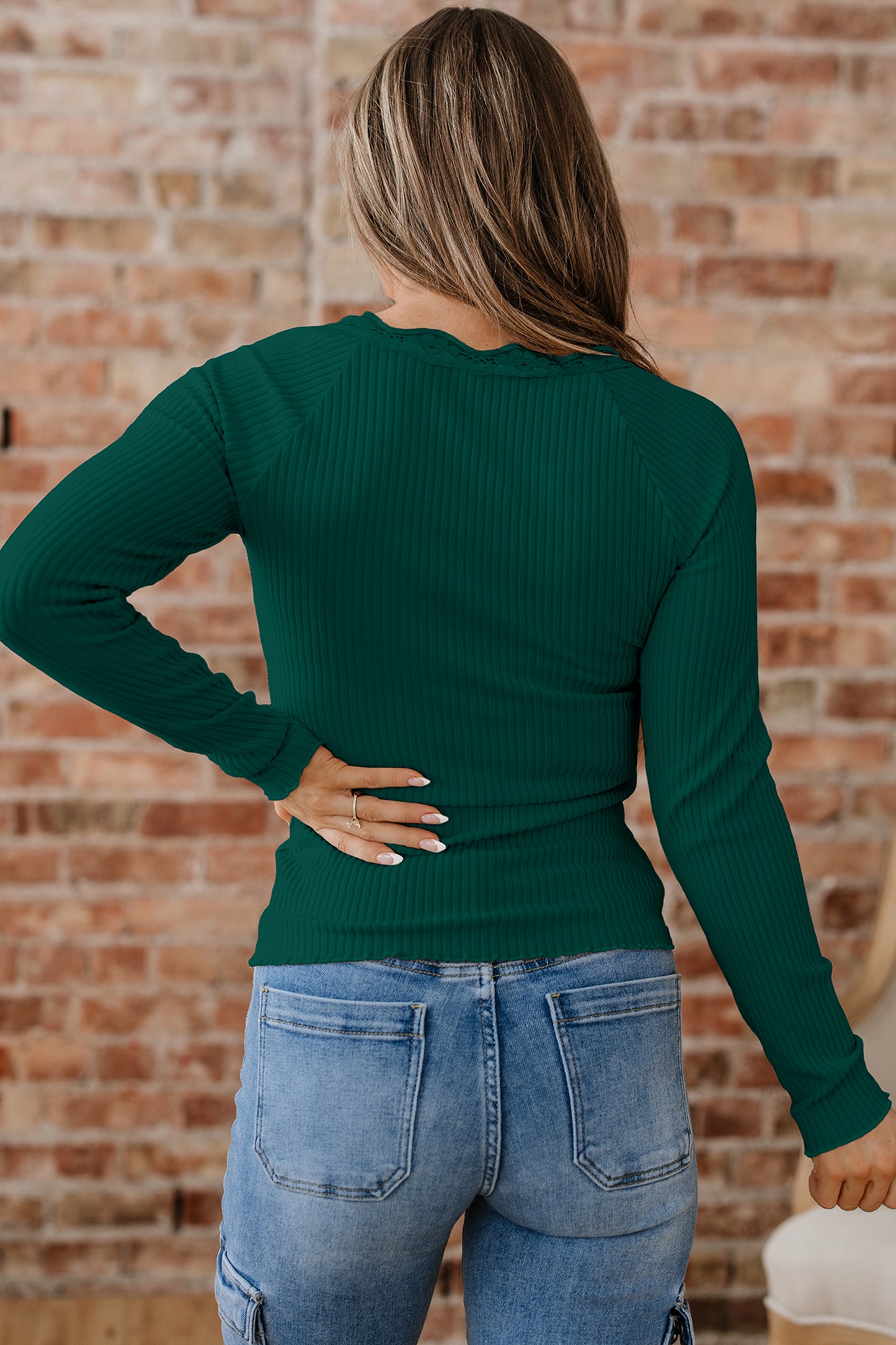 Skobeloff Lace Neckline Button Decor Lettuce Edge Long Sleeve Ribbed Top