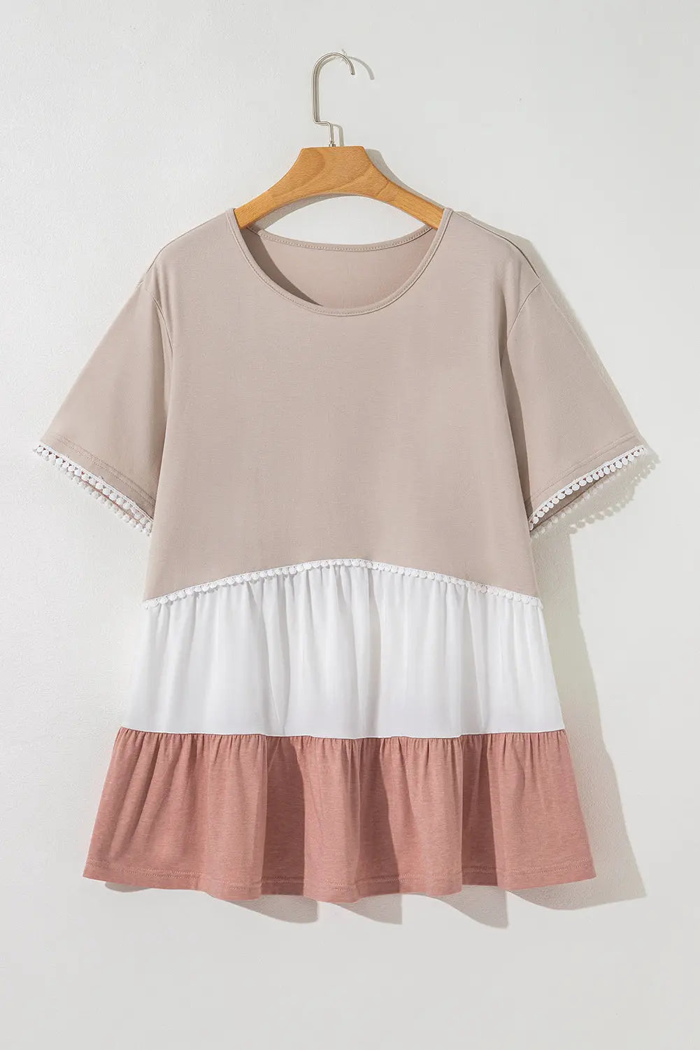 Beige Plus Size Color Block Lace Trim Ruffled Blouse Dear-Lover Dropshipping