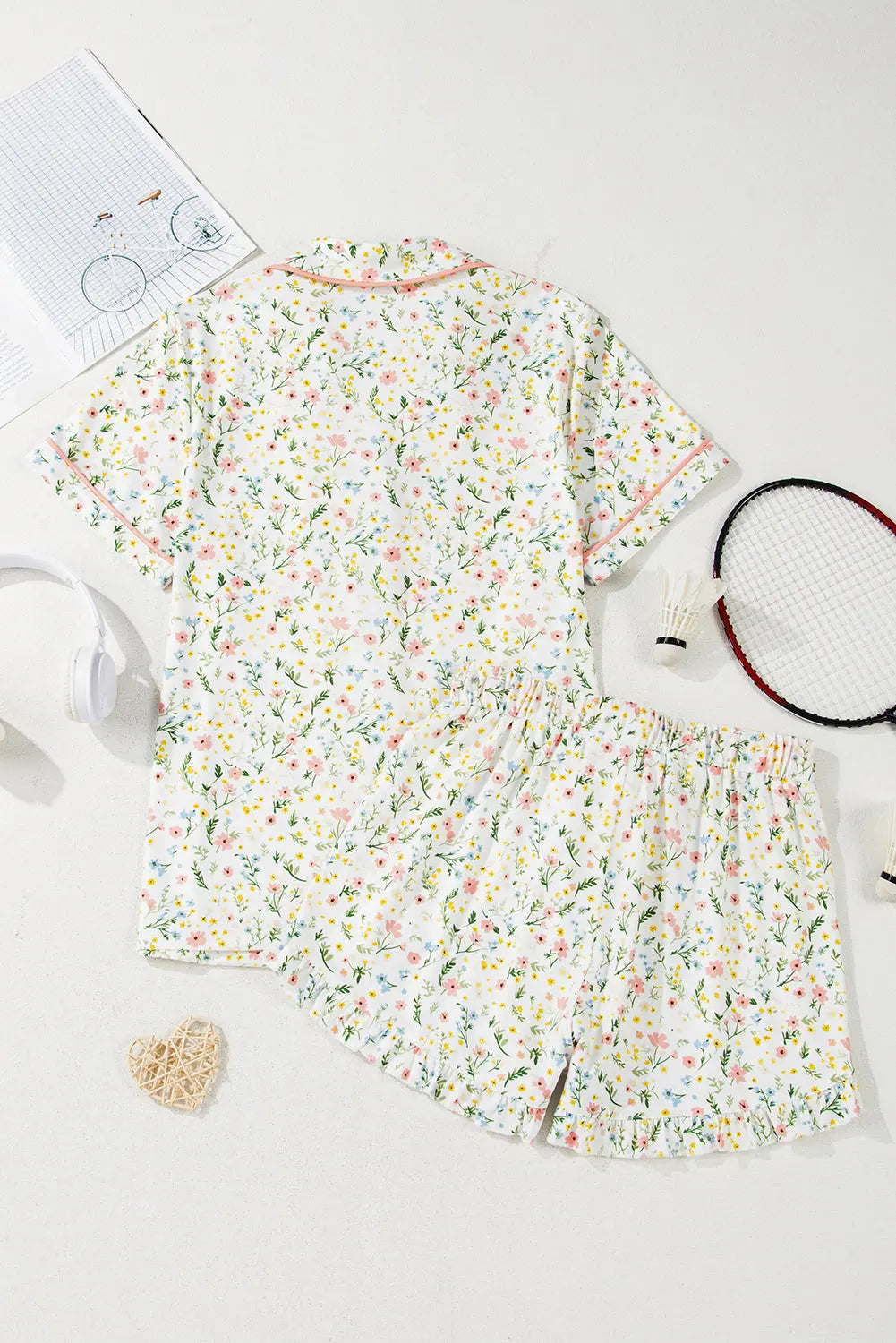 White Floral Print Contrast Pipping Short Pajamas Set Dear-Lover Dropshipping