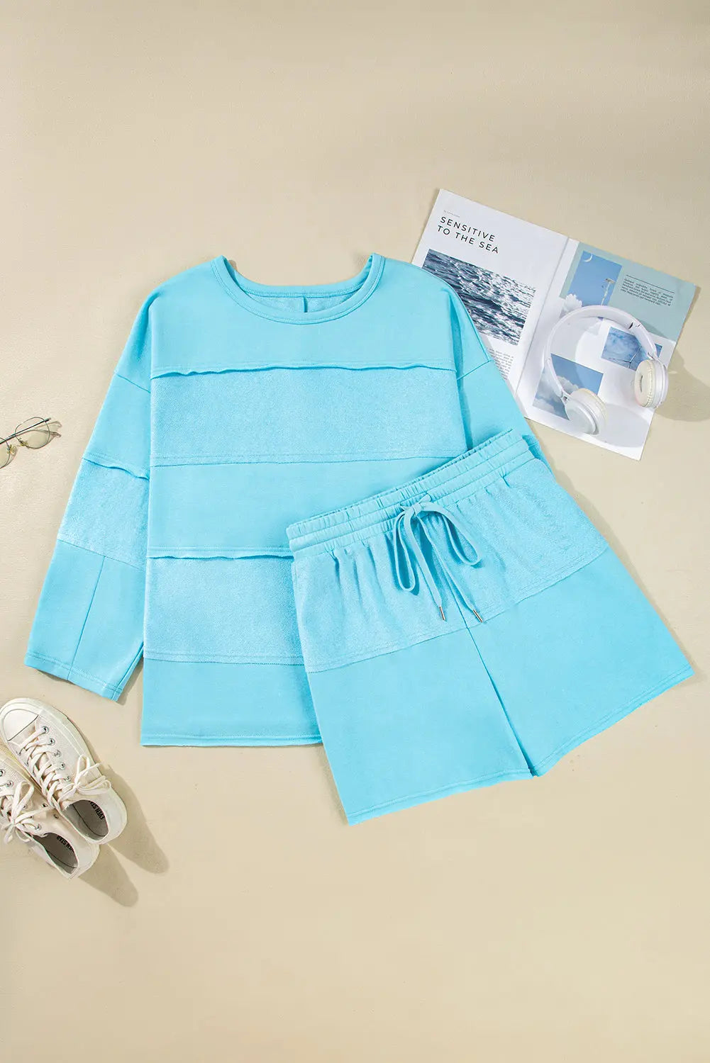 Aruba Blue Plus Size Solid Color Splicing Raw Hem Pullover Top Shorts Set Dear-Lover Dropshipping