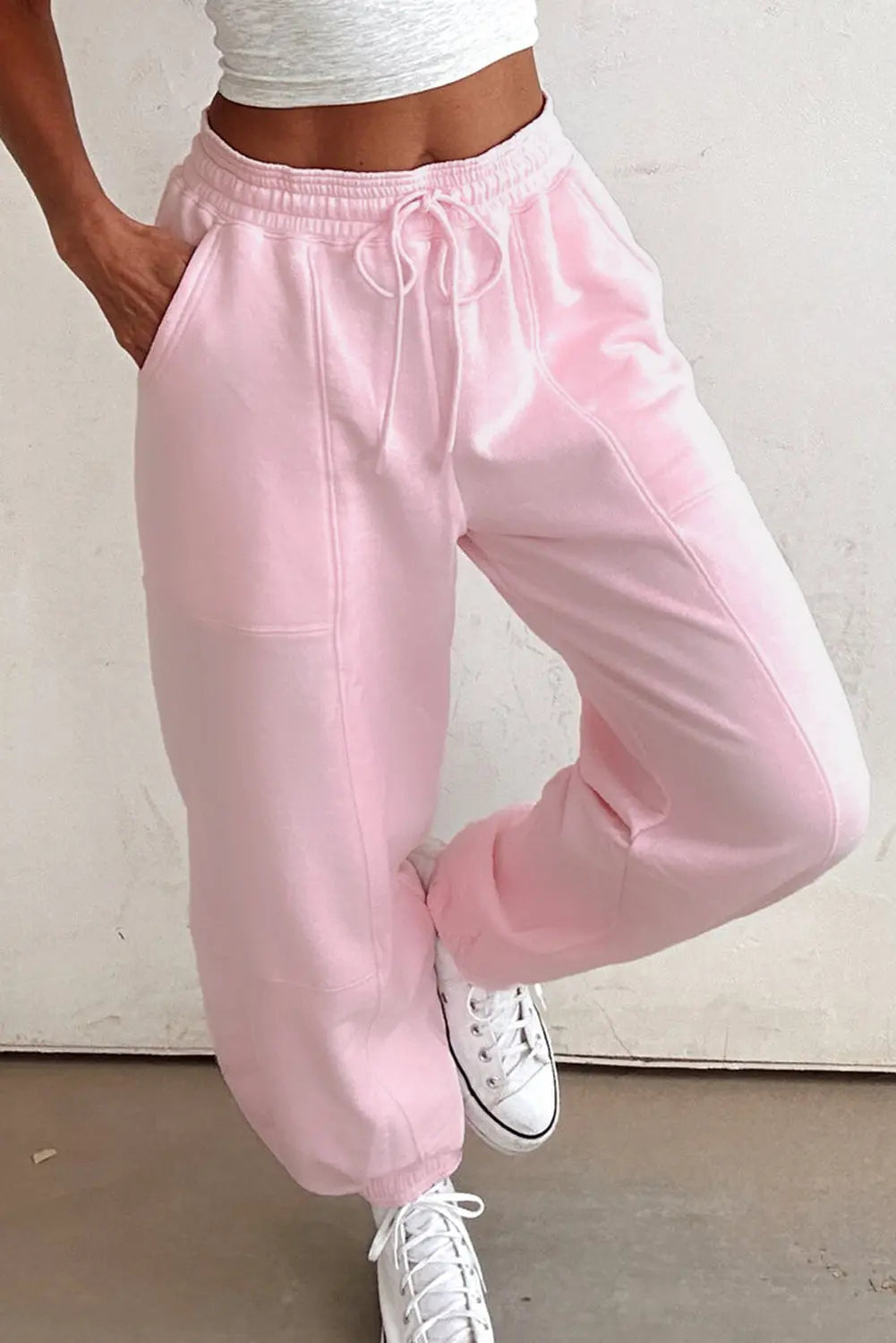 Light Pink Drawstring Elastic Waistband Solid Color Jogger Pants Dear-Lover Dropshipping