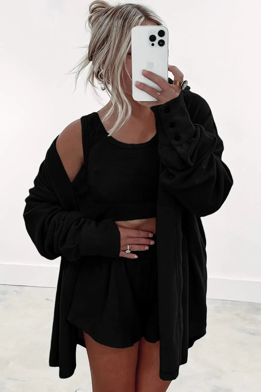 Black 3 Pcs Crop Tank Top Shorts with Cardigan Lounge Set Dear-Lover Dropshipping