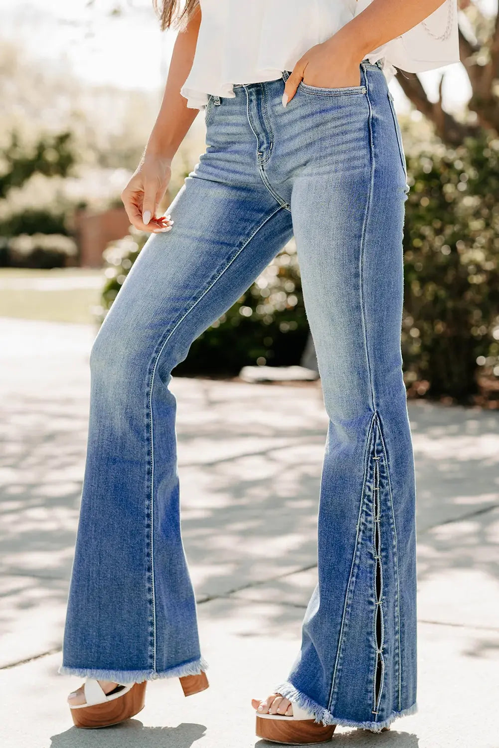 Ashleigh Blue Cut out Side Frayed Hemline Flare Jeans Dear-Lover Dropshipping