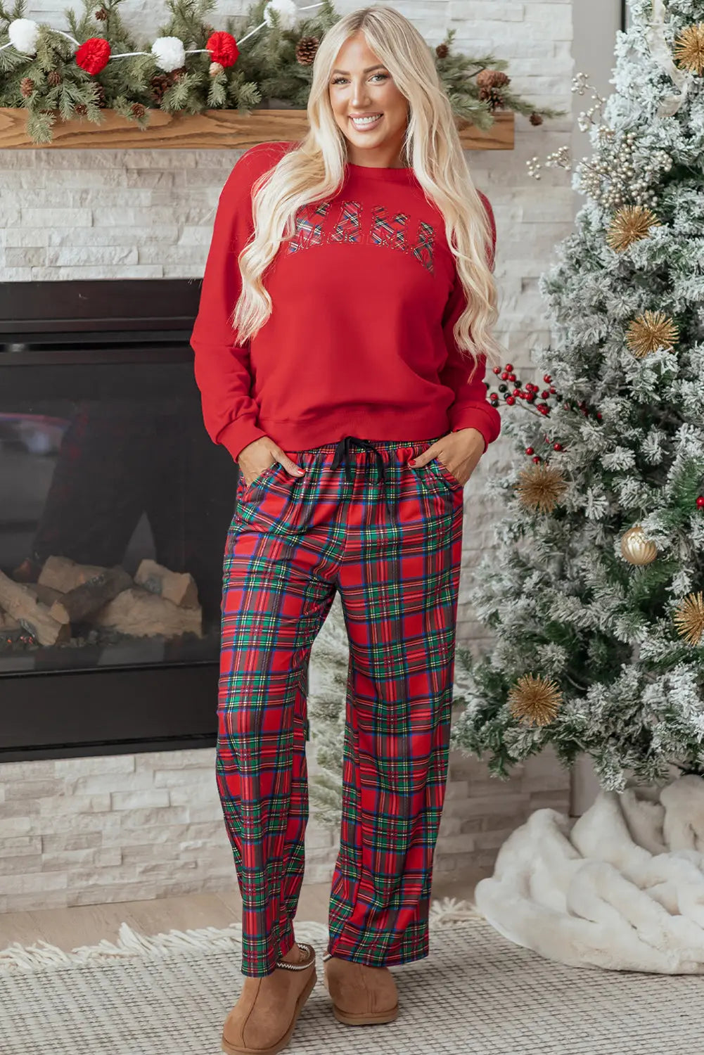 Red Plaid Mama Graphic Christmas Holiday Crewneck Pullover and Pants Two Piece Lounge Set Dear-Lover Dropshipping