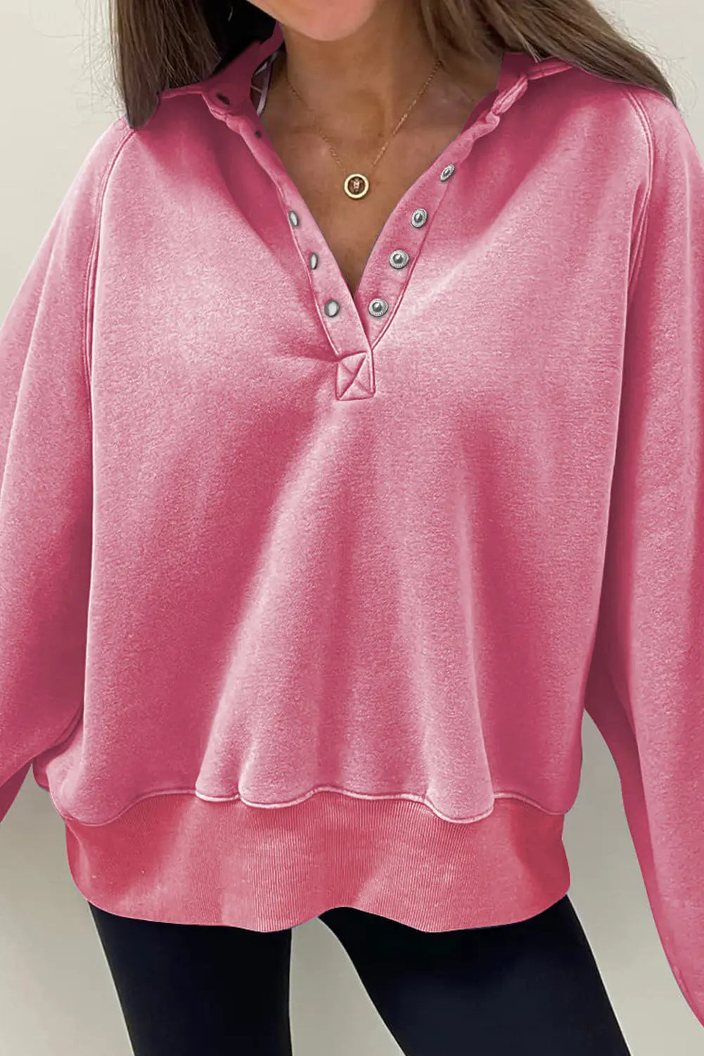 Pink Solid Snap Buttons Collared Balloon Sleeve Oversized Sweatshirt Dear-Lover Dropshipping