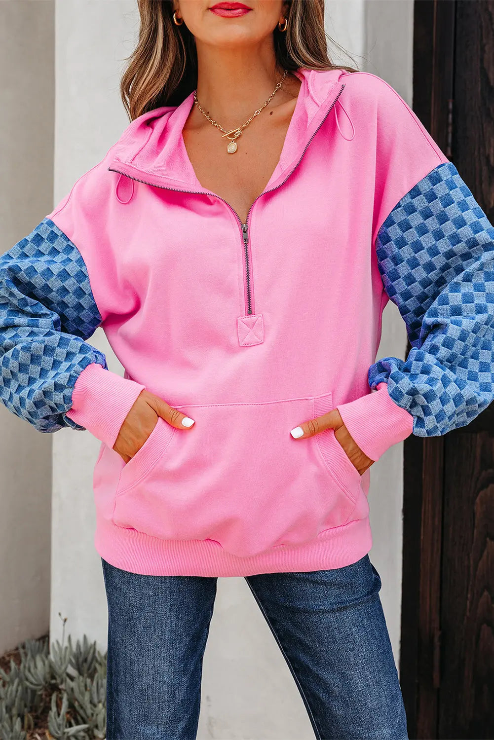 Bonbon Checkered Patchwork Kangaroo Pocket Half Zipper Hoodie Dear-Lover Dropshipping