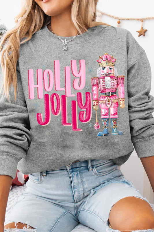 Gray HOLLY JOLLY Nutcracker Print Crew Neck Christmas Sweatshirt Dear-Lover Dropshipping