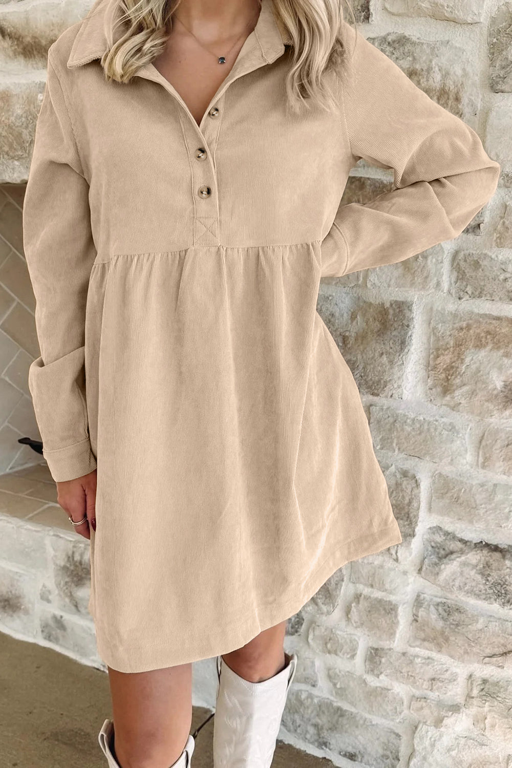 Dearlovers Oatmeal Corduroy Half Button Collared Long Sleeve Mini Dress