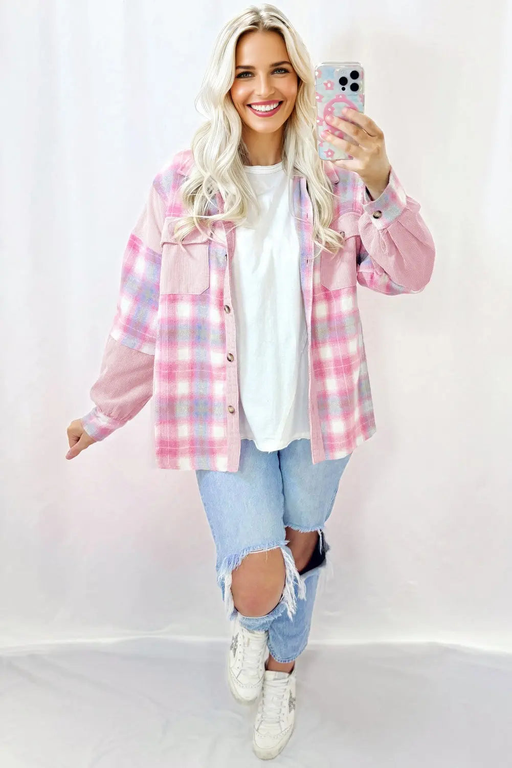 Pink Brushed Plaid Corduroy Flap Pockets Patchwork Shacket Dear-Lover Dropshipping