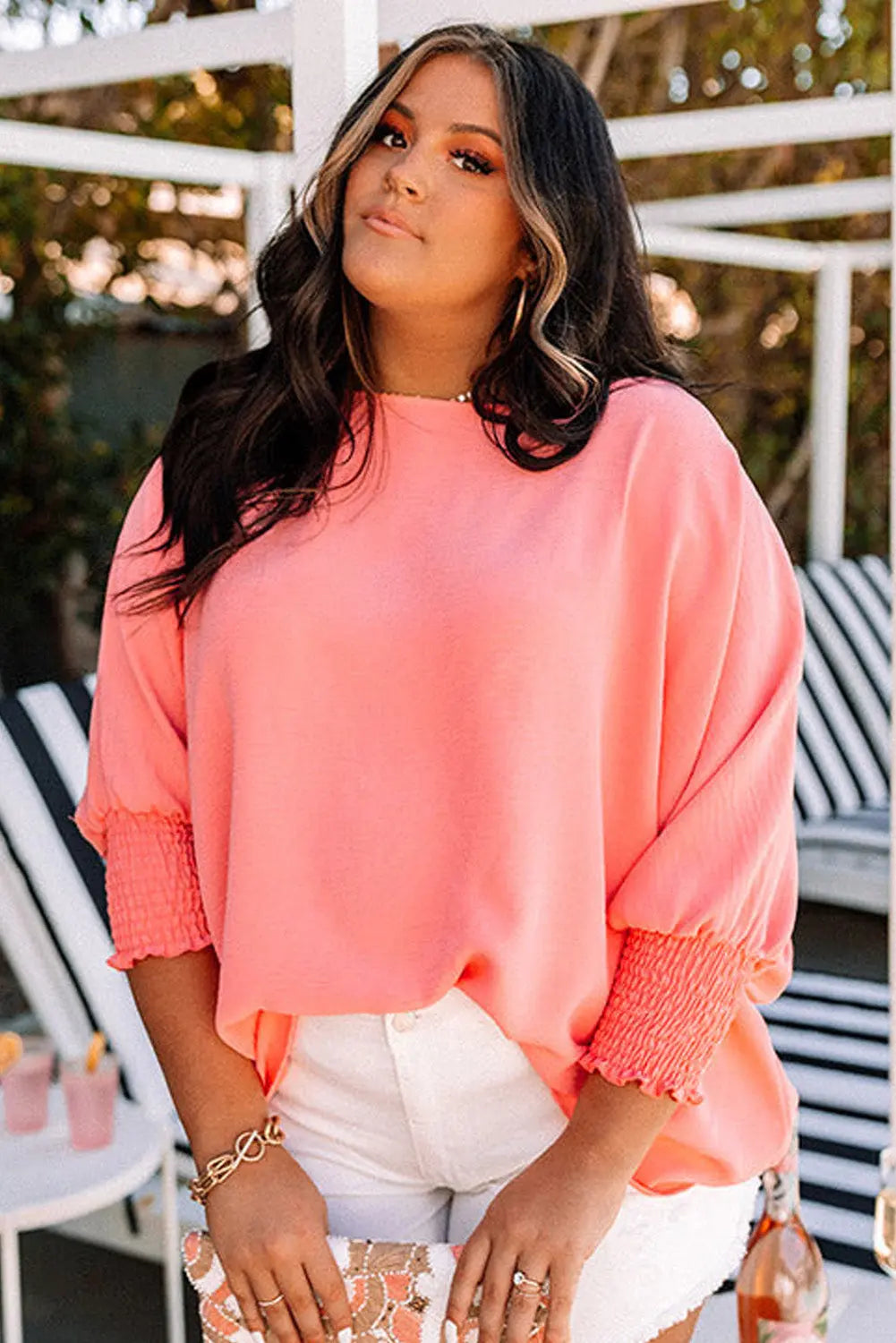 Blossom Shirred Cuffs Half Sleeve Plus Size Textured Blouse Dear-Lover Dropshipping