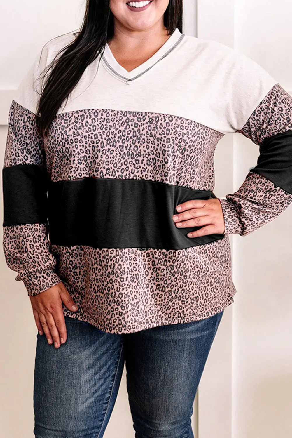 Black Leopard Print Colorblock V Neck Long Sleeve Plus Size Top Dear-Lover Dropshipping