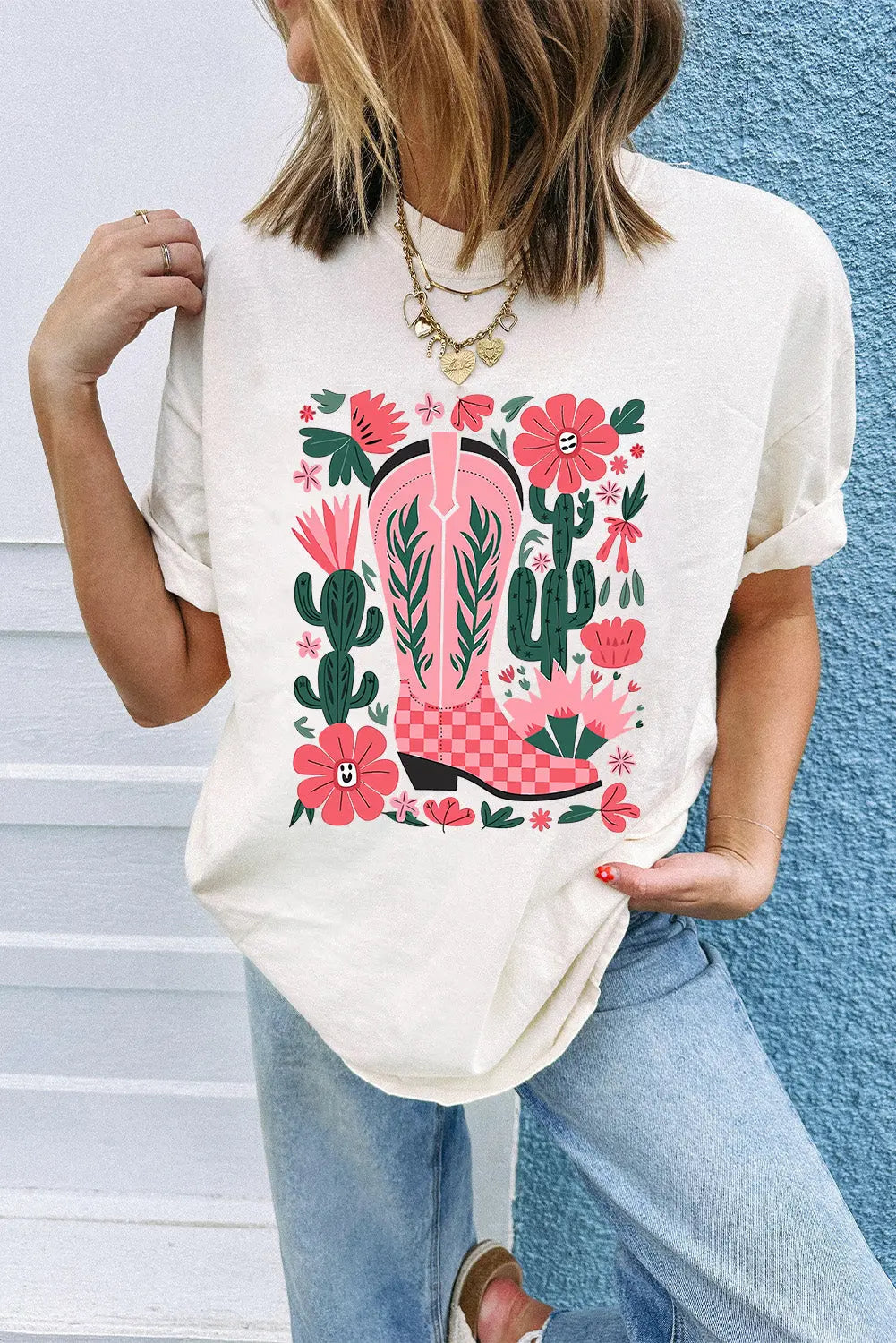 White Western Boots Flower Print Round Neck T Shirt Dear-Lover Dropshipping