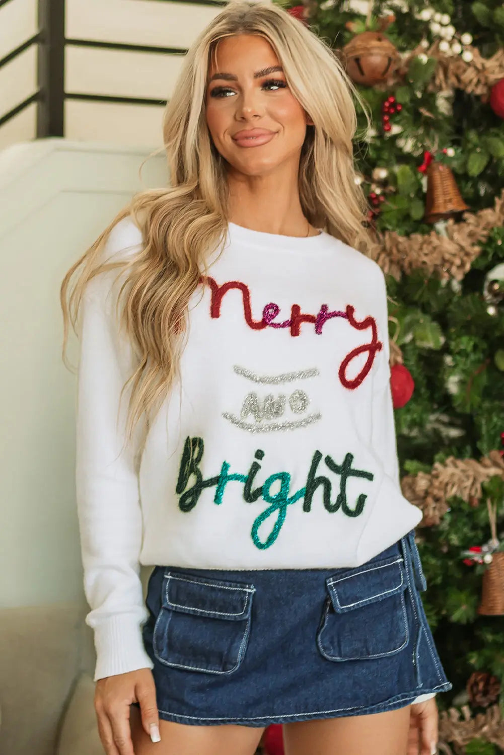 White Tinsel Merry and Bright Graphic Christmas Sweater Dear-Lover Dropshipping