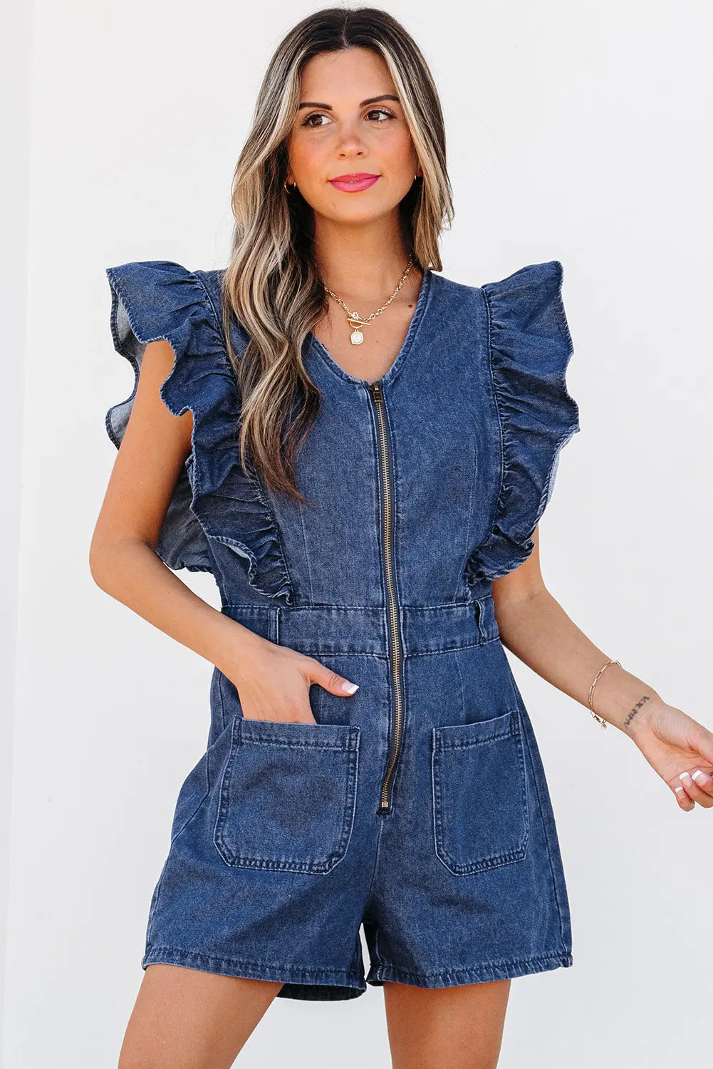 Sail Blue Denim Ruffled Zipped Front Belted Romper Dear-Lover Dropshipping
