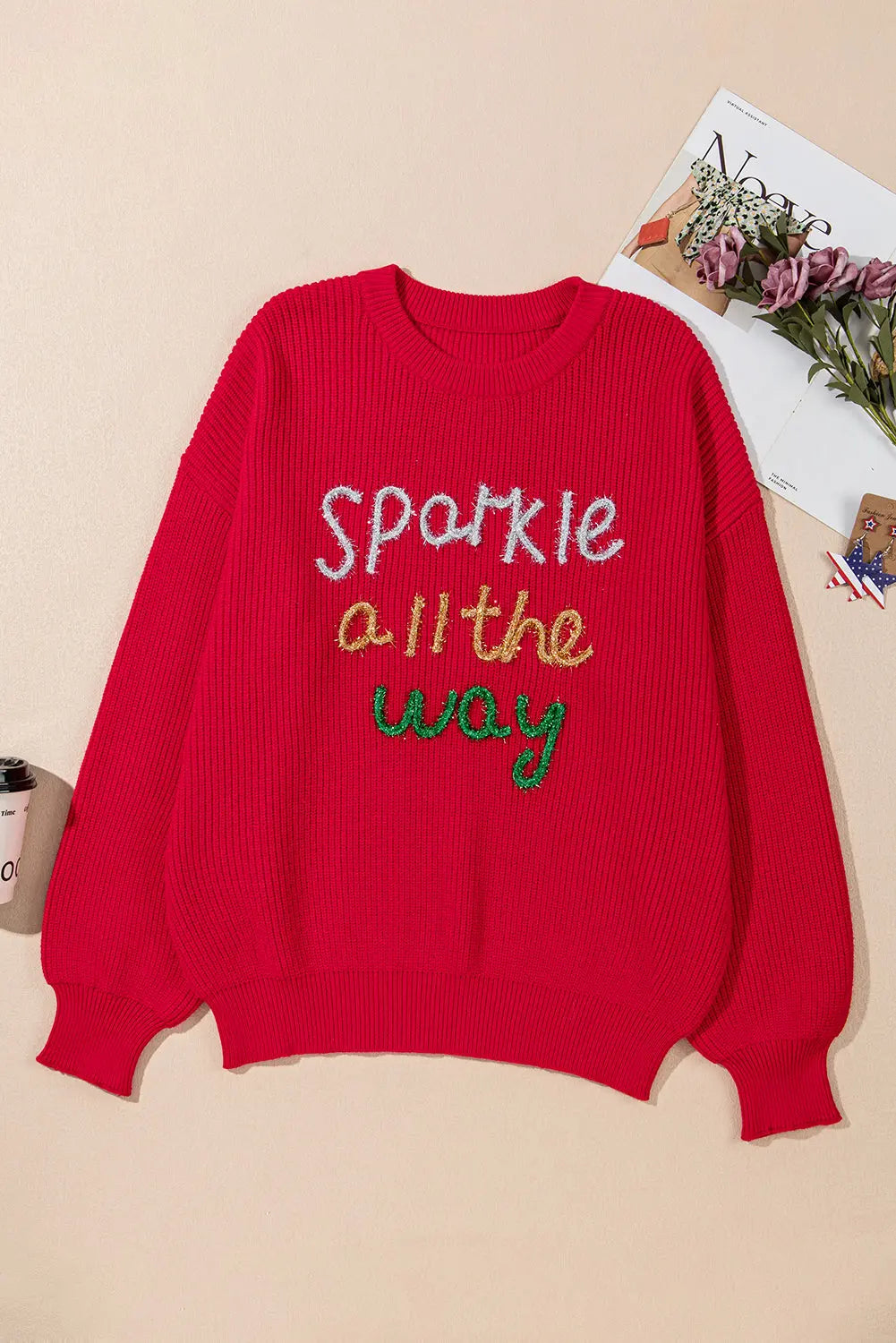 Racing Red Sparkle All The Way Tinsel Crew Neck Plus Size Sweater Dear-Lover Dropshipping
