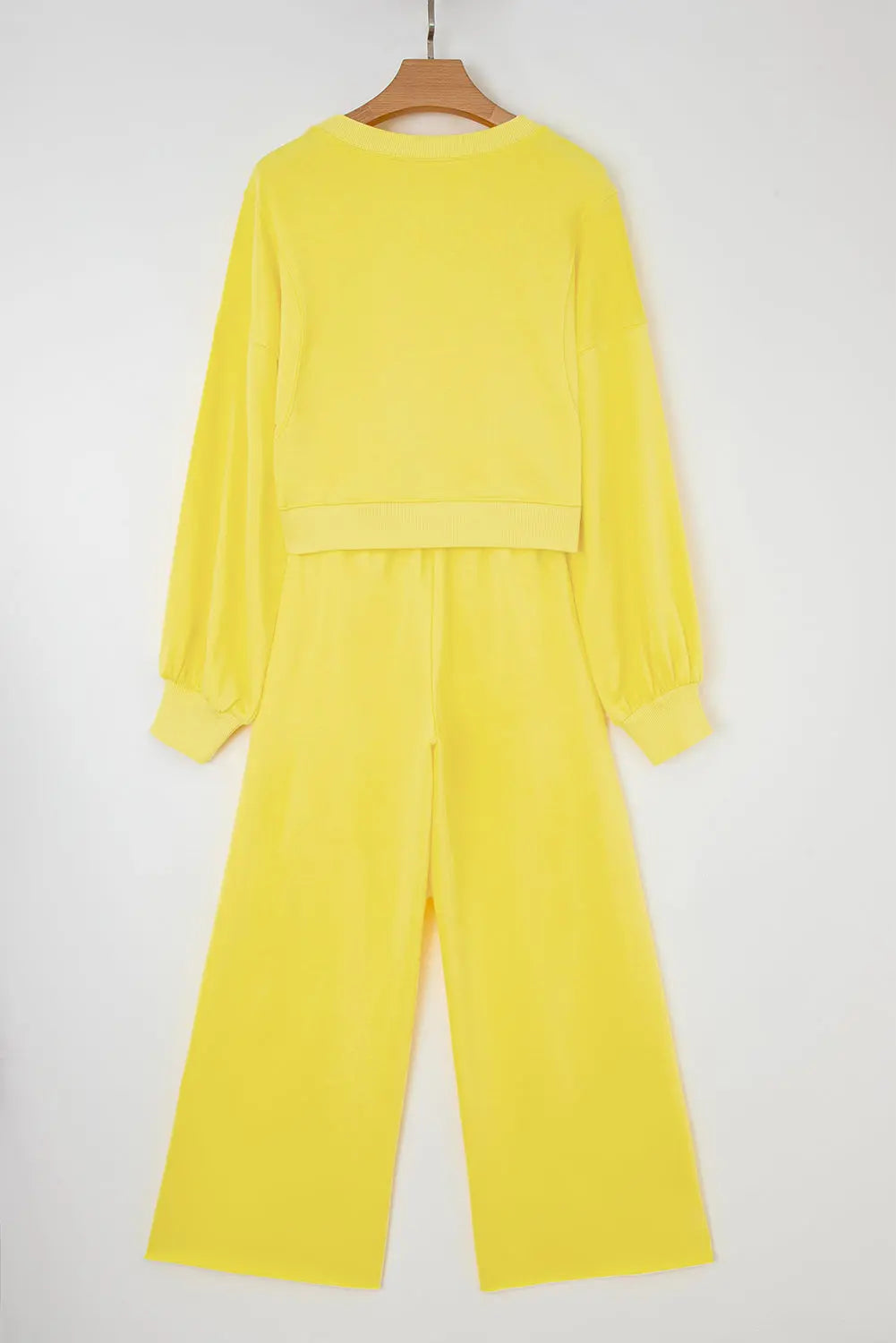 Yellow Cream Drop Shoulder Puff Sleeve Crop Pullover Drawstring Wide Leg Pants Set Dear-Lover Dropshipping