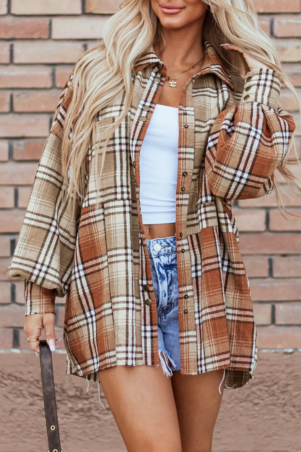 Khaki Plaid Colorblock Patchwork High Low Shacket Dear-Lover Dropshipping